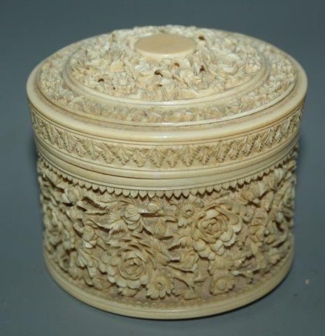 Chinese foliate-carved ivory cylindrical box and cover